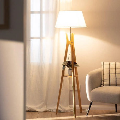 Staande lamp driepoot modern stoffen kap met houten voet