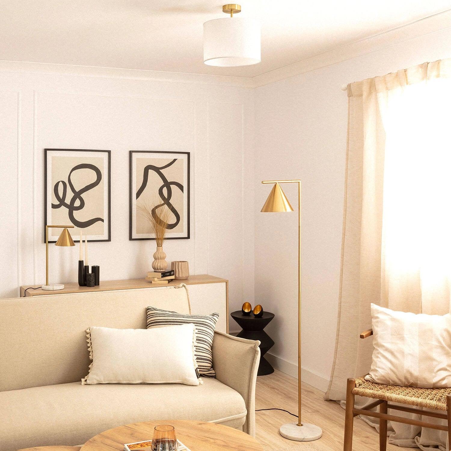 Gouden staande lamp met marmeren voet & E27 fitting 'Marie' 150cm - FOIR