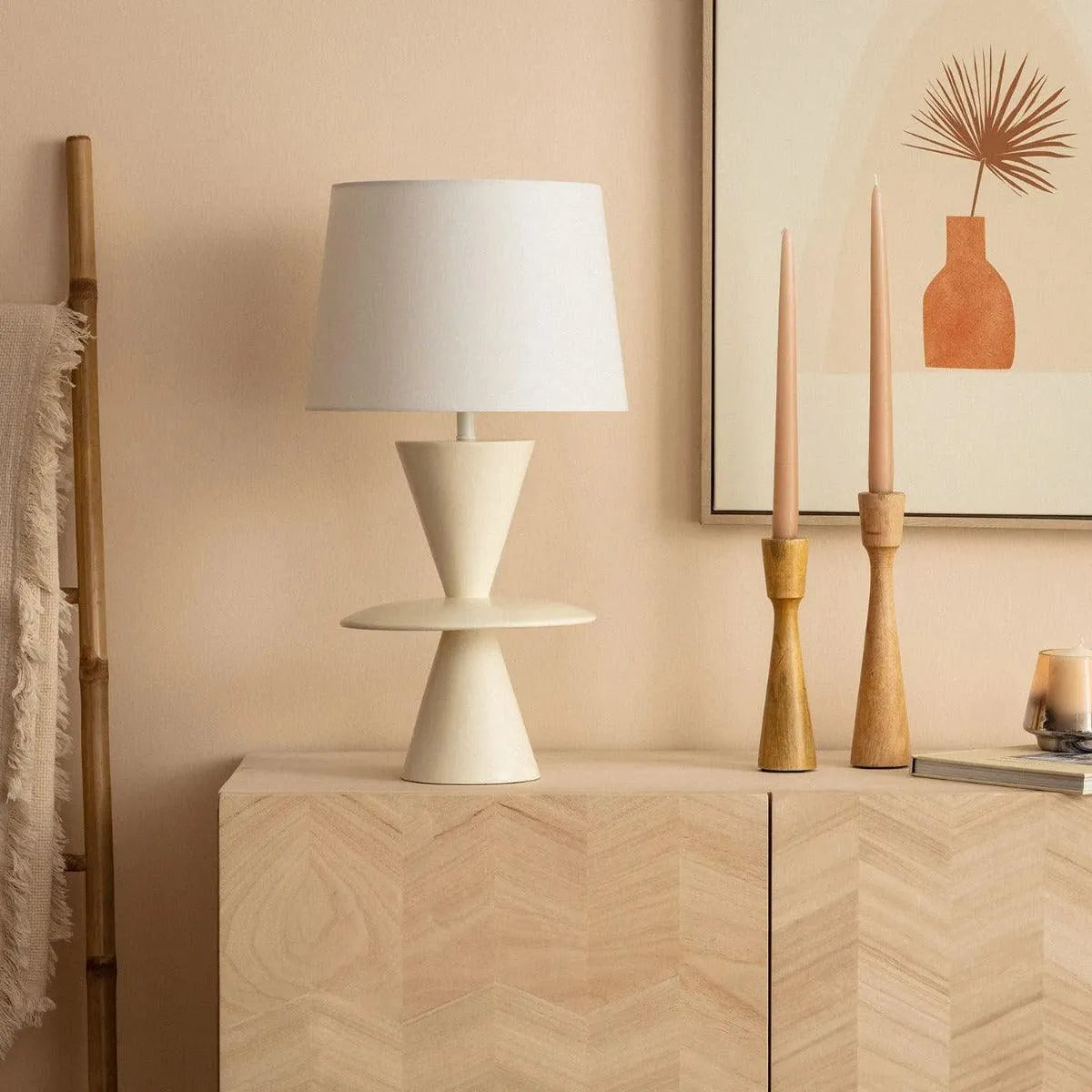 Beige tafellamp modern met stoffen kap E27 fitting stekker en schakelaar 'Kiona' 56cm - FOIR