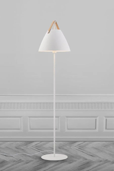 Staande lamp wit vloerlamp met leren strap e27 fitting en schakelaar metaal leer