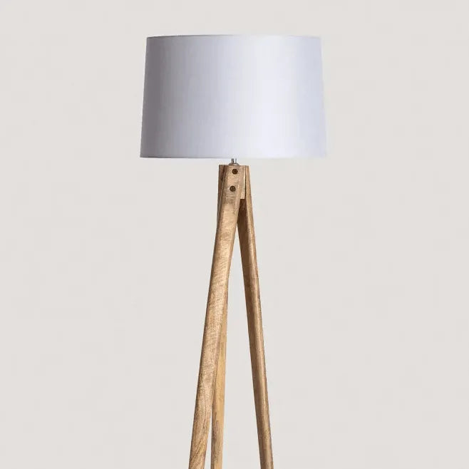 Vloerlamp met 3 houten poten & stoffen E27 fitting 'Melchior' 162 cm - FOIR