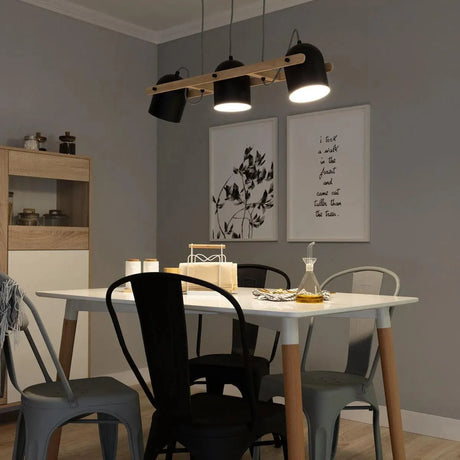 Verstelbare hanglamp zwart met hout 'Jasper' 3 kappen 78 cm E27 - FOIR