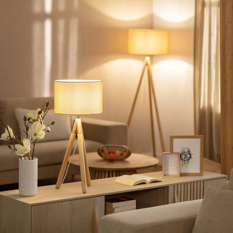 Tafellamp beige goud & bruin met 3 houten poten 'Didi' - FOIR