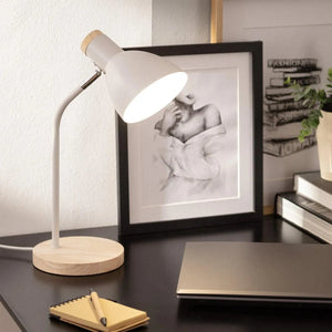 Bureaulamp wit met hout schakelaar en E14 fitting 'Wilco' - FOIR