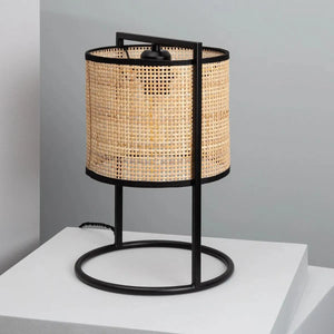 Tafellamp rotan kap en zwart metaal e27 fitting schakelaar stekker design klein tafellampje woonkamer slaapkamer 