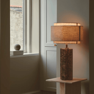 Tafellamp marmeren voet met beige kap schakelaar en E27 fitting DFTP Takai 55 cm - FOIR