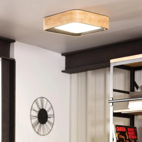 Plafondlamp met LED vierkant hout & zwart 370mm 'Normand' - FOIR