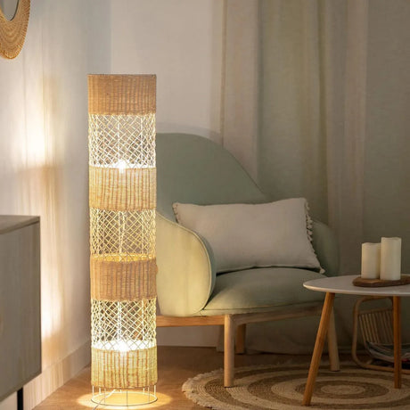 Vloerlamp rotan beige & wit met 2 E27 fittingen en vloerschakelaar 'Garceau' 120cm - FOIR