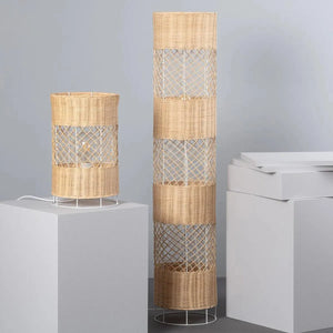 Vloerlamp rotan beige & wit met 2 E27 fittingen en vloerschakelaar 'Garceau' 120cm - FOIR