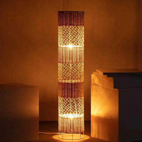 Vloerlamp rotan beige & wit met 2 E27 fittingen en vloerschakelaar 'Garceau' 120cm - FOIR