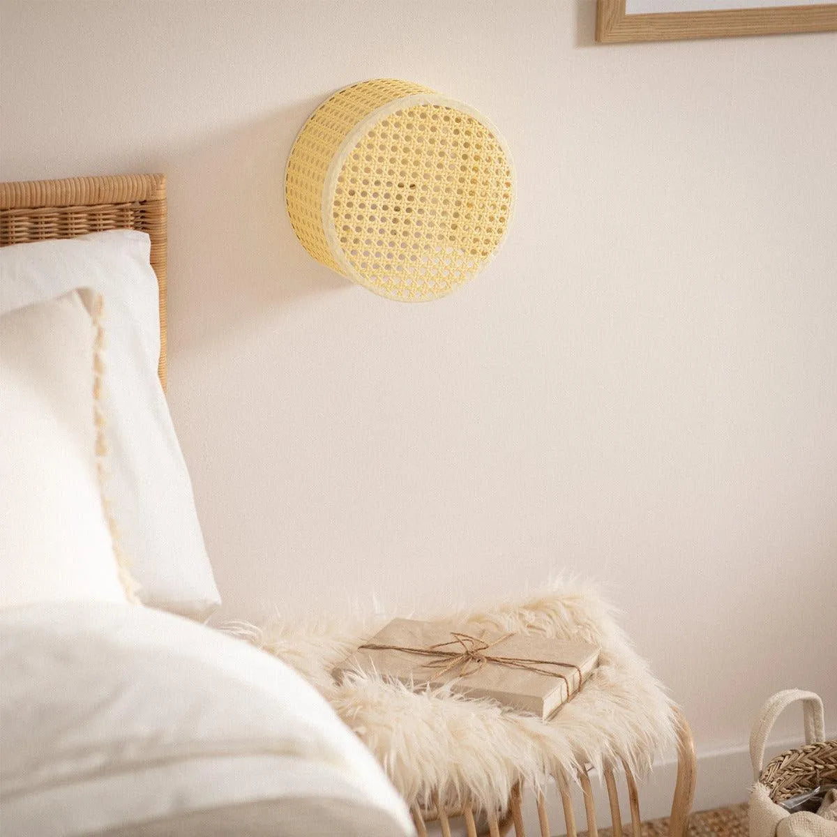 Wandlamp retro 'Marco' vintage e14 fitting rotan rond 20 cm - FOIR