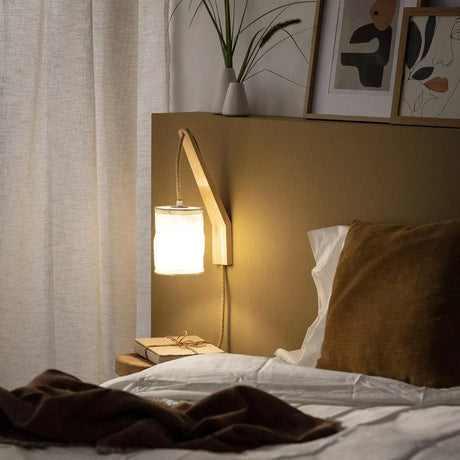 Wandlamp modern stoffen kap 'Kazu' hout textiel E27 fitting stof modern - FOIR